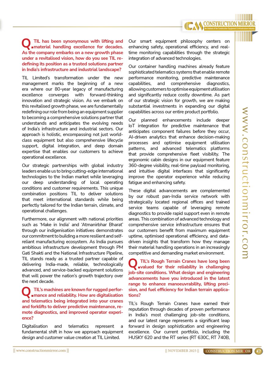 constructioncm1's tweet image. 🏗️TIL Limited is advancing material handling with IoT, AI analytics &amp;amp; CEV Stage V cranes built for India’s terrain smart, rugged, and infra-ready.

Read more: constructionmirror.com/mr-piero-guizz…

#TILLimited #MaterialHandling #Cranes #InfrastructureIndia #ConstructionMirror  #RM #EM