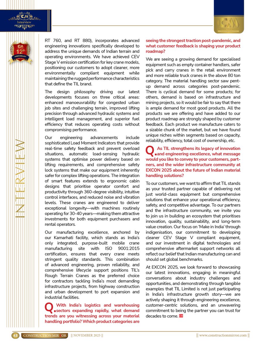 constructioncm1's tweet image. 🏗️TIL Limited is advancing material handling with IoT, AI analytics &amp;amp; CEV Stage V cranes built for India’s terrain smart, rugged, and infra-ready.

Read more: constructionmirror.com/mr-piero-guizz…

#TILLimited #MaterialHandling #Cranes #InfrastructureIndia #ConstructionMirror  #RM #EM