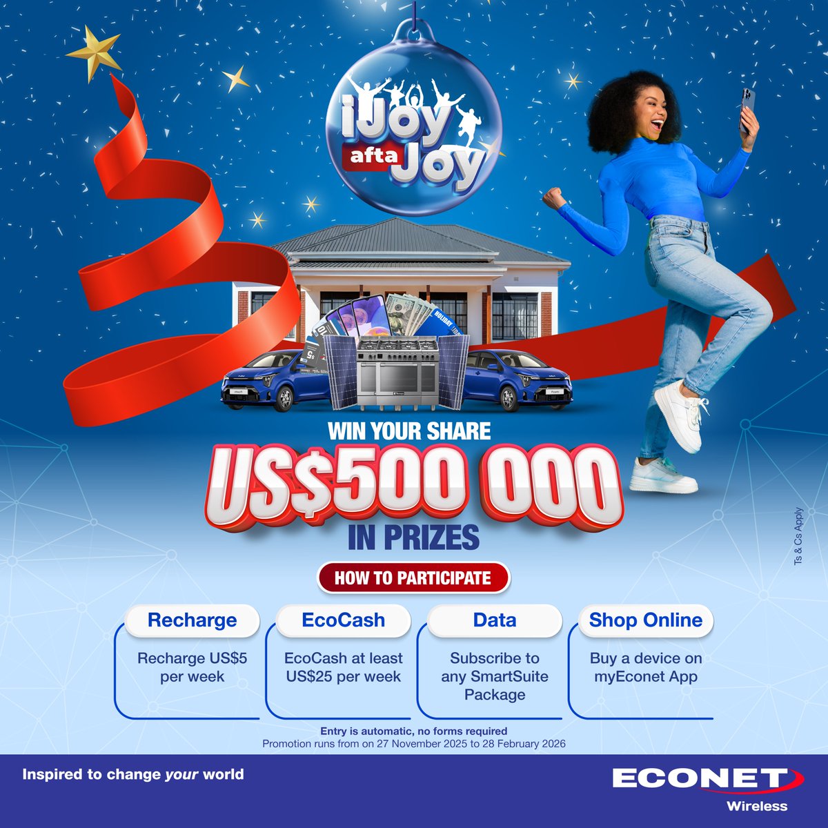 Techzim's tweet image. Econet iJoyAftaJoy returns bigger and better, with over US$500K in prizes!
(Ad)