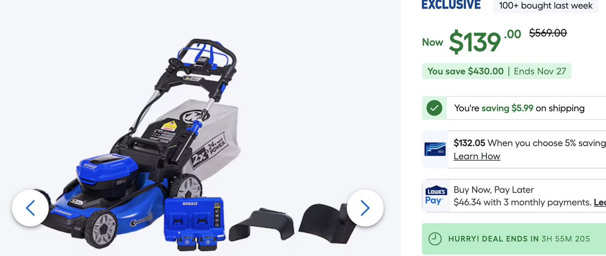 Pricerrors's tweet image. $569 KOBALT LAWN MOWER FOR $139

$430 OFF MSRP AT LOWES

lowes.com/pd/Kobalt-24-V…