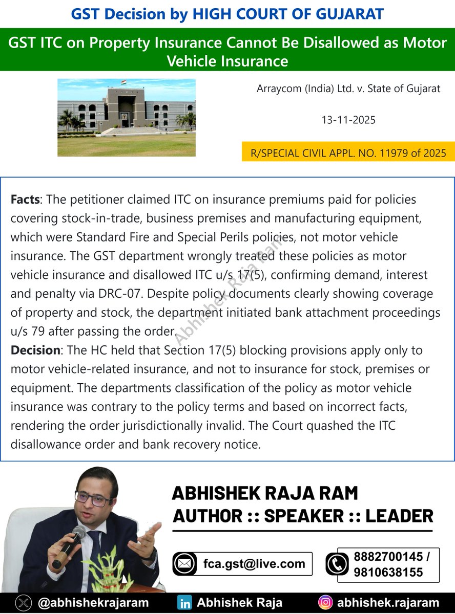 abhishekrajaram's tweet image. Gujarat HC :  GST ITC on Property Insurance Cannot Be Disallowed as Motor Vehicle Insurance

#GST #Caselaw #Gujarathighcourt