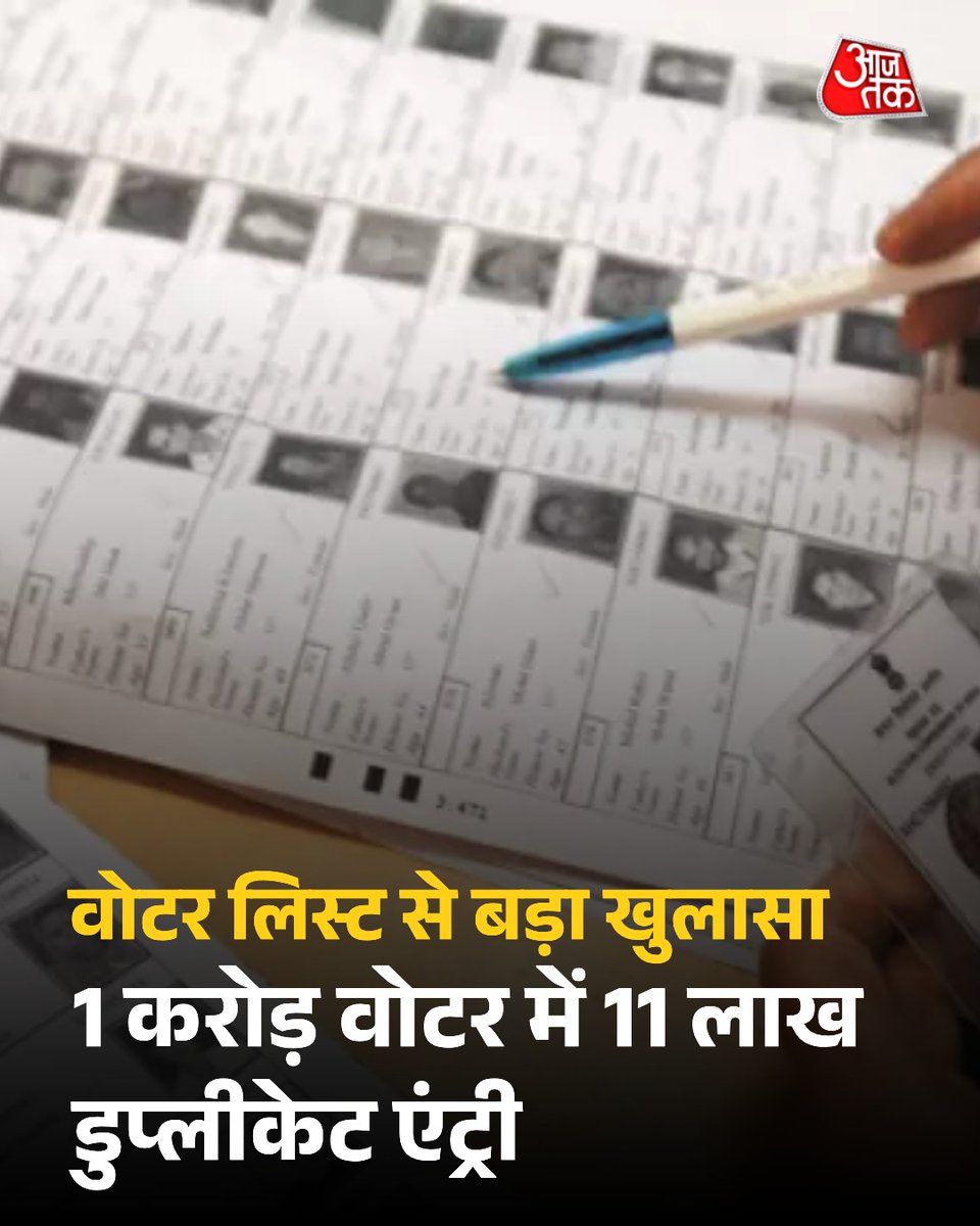 aajtak's tweet image. वोटर लिस्ट से मिले चौंकाने वाले आंकड़े, 1 करोड़ वोटर में 11 लाख डुप्लीकेट एंट्री, टल सकता है निकाय चुनाव 

मुंबई में वोटर लिस्ट में 11 लाख से ज्यादा डुप्लीकेट नाम पाए गए हैं, जिसमें कई मतदाताओं के नाम कई बार दर्ज हैं. आपत्ति की समय सीमा 3 दिसंबर तक बढ़ाई गई है और अंतिम सूची 10…