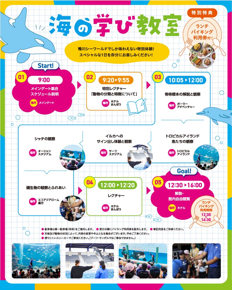 kamoseaOfficial's tweet image. 親子で参加できる数少ないプログラム「海の学び教室」の募集受付が本日28日の16時で終了します！

午前中はプログラムに参加して体験などをメインに！午後は家族で館内をゆったりと散策に！！

予約一つで鴨川シーワールドをたっぷり楽しめるプログラムです。皆様のご予約お待ちしております！…