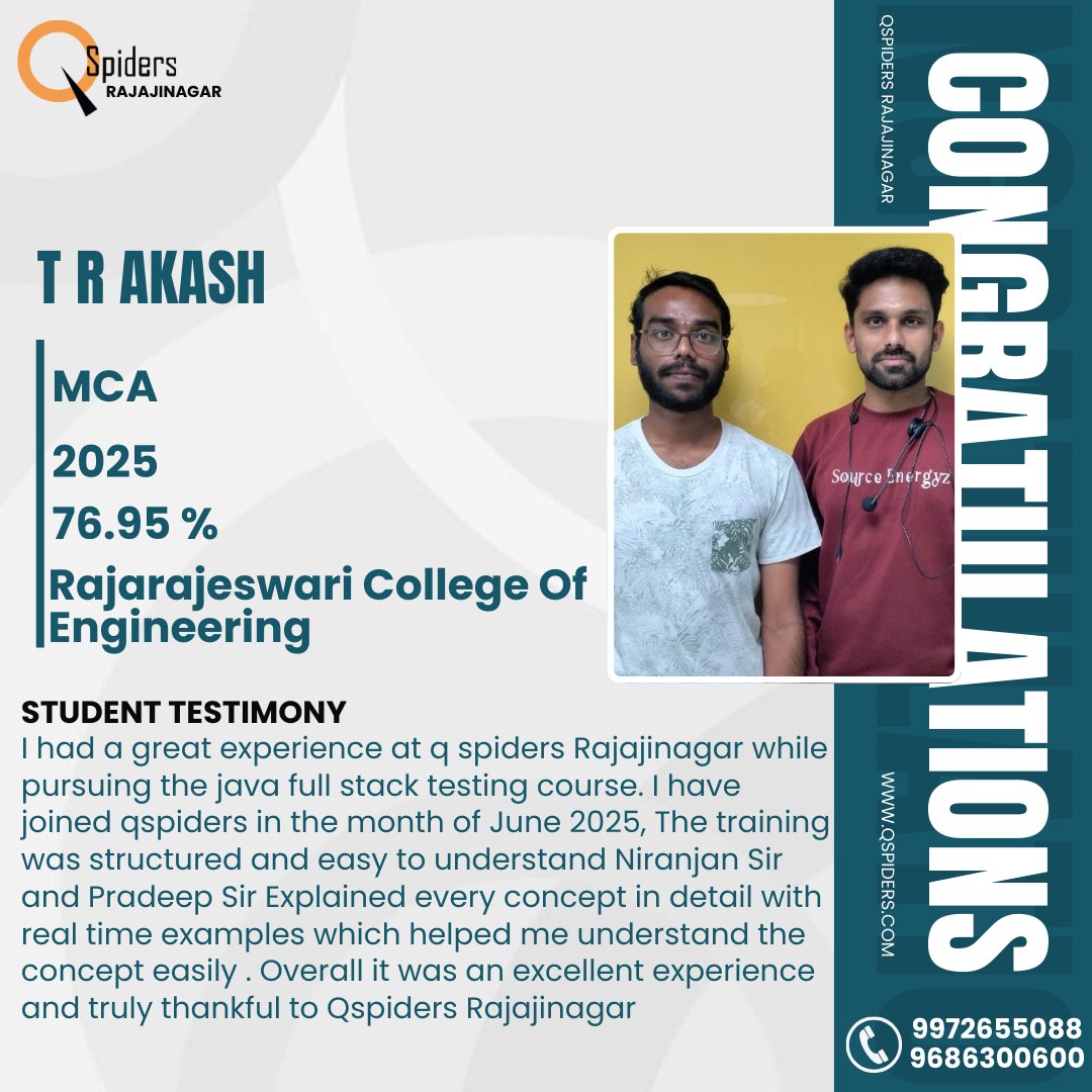 QRajajinagar's tweet image. Celebrating the success of T R Akash!
#qspiders #qspidersrajajinagar #javatraining #fullstacktesting #softwaretesting #manualtesting #automationtesting #studenttestimonial #successstories #placementupdates #careerjourney #ittraining #bangaloretraining #javafullstack #coderlife