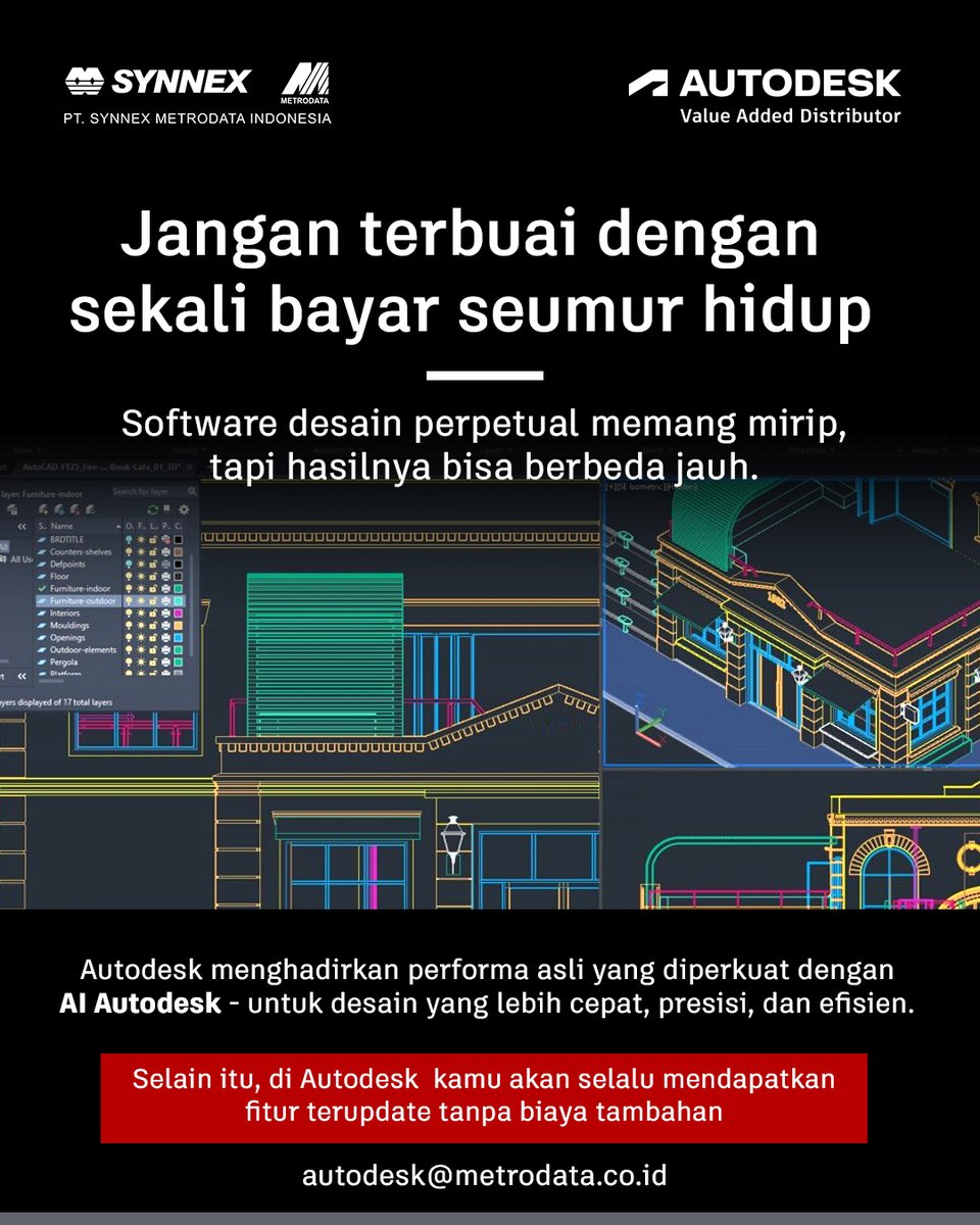 SynnexMetrodata's tweet image. Perpetual terlihat murah karena sekali bayar.
Tapi tanpa update &amp;amp; support, risikonya bisa jauh lebih mahal.

Saatnya beralih ke subscription—lebih aman, selalu up to date, dan siap untuk masa depan. 🚀

#Autodesk #AutoCAD #SynnexMetrodataIndonesia