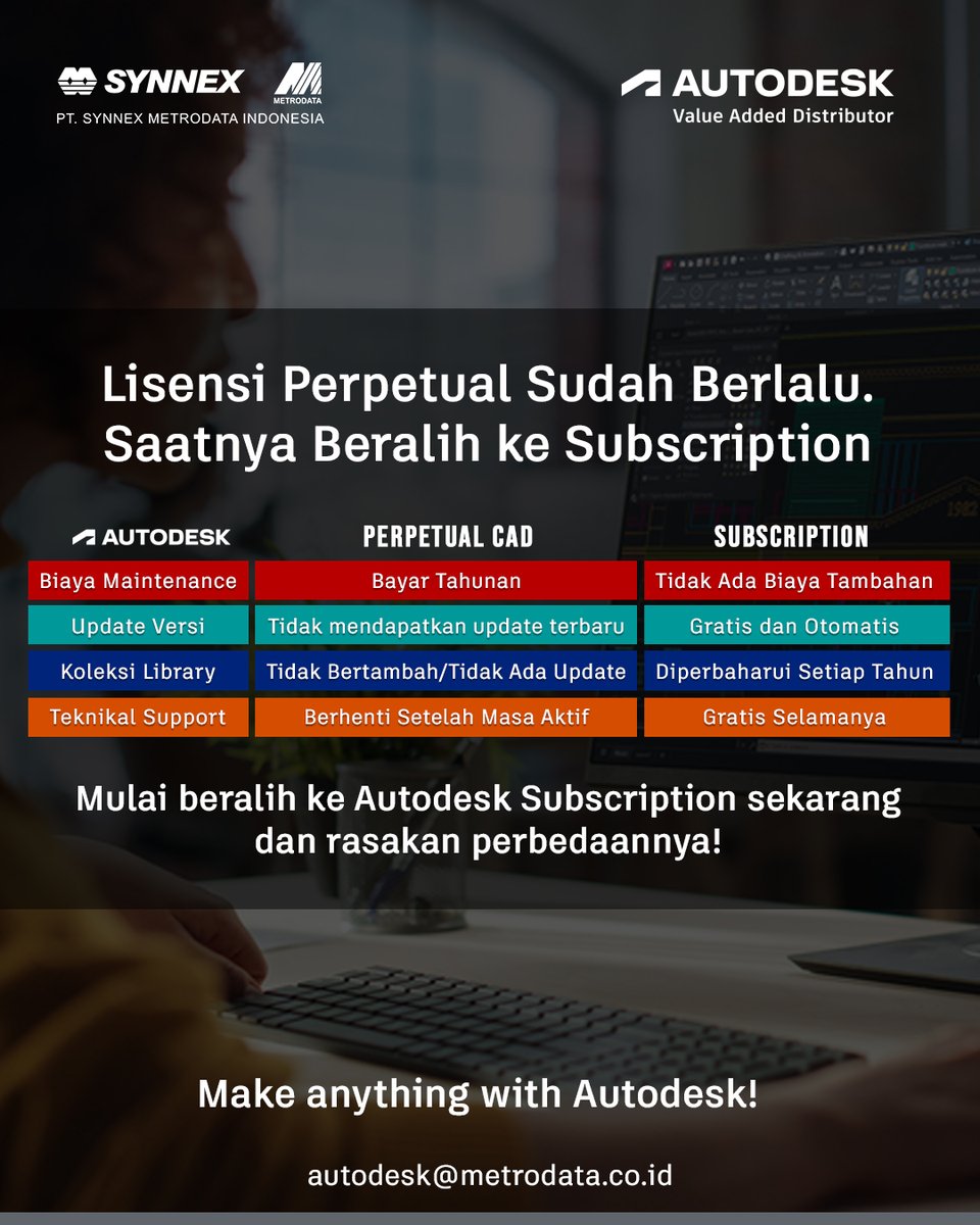 SynnexMetrodata's tweet image. Perpetual terlihat murah karena sekali bayar.
Tapi tanpa update &amp;amp; support, risikonya bisa jauh lebih mahal.

Saatnya beralih ke subscription—lebih aman, selalu up to date, dan siap untuk masa depan. 🚀

#Autodesk #AutoCAD #SynnexMetrodataIndonesia