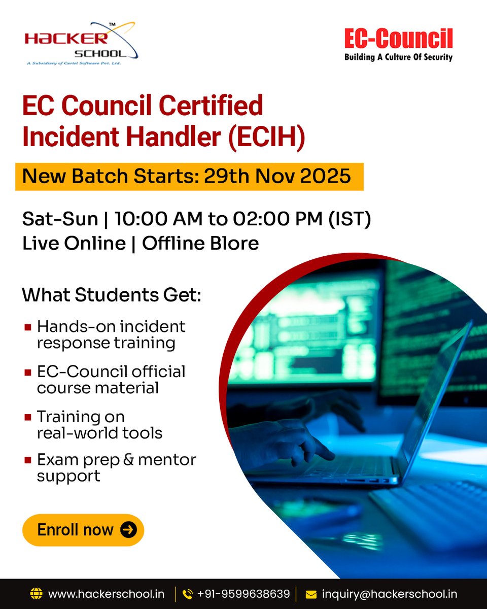 hackerschoolin's tweet photo. The EC-Council Certified Incident Handler (ECIH) program equips you with real-world skills to detect, respond, and contain cyber incidents effectively.
Enroll now:
https://t.co/KH88fXMMNi
#ECIH #IncidentResponse #EthicalHacking #SOCAnalyst #CyberSkills #CyberAwareness https://t.co/lQVryvuZSf