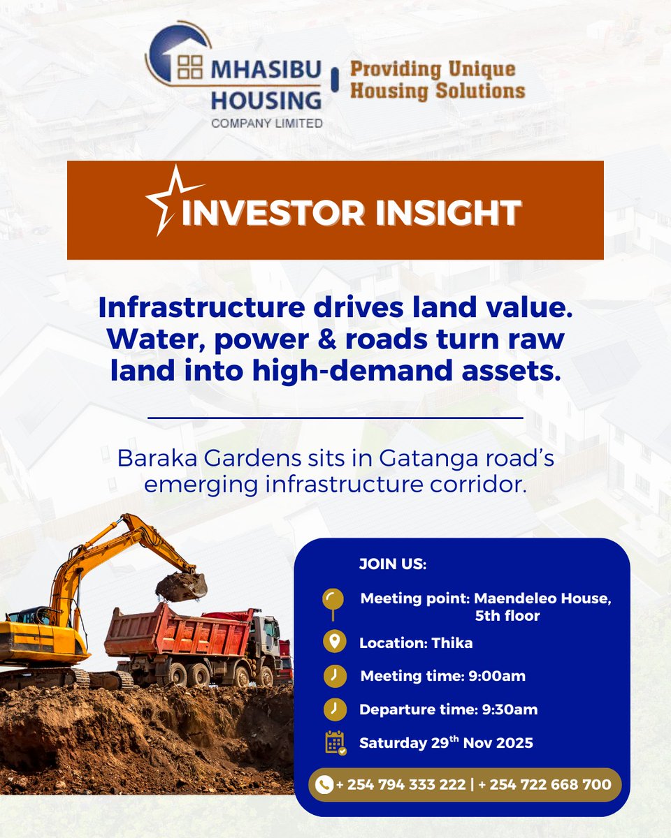 MhasibuHousing's tweet image. Infrastructure drives land value.
Water, power &amp;amp; roads turn raw land into high-demand assets.
#InvestorInsight #BarakaGardens #Thika #RealEstateKE #LandForSaleKE #GatangaRoad #MhasibuHousing #KenyaRealEstate #InvestInKenya