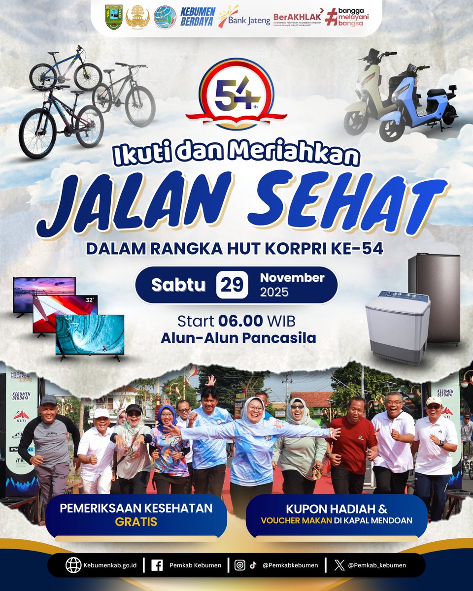 DPUPRKebumen's tweet photo. 🔥 SIAP-SIAP WARGA KEBUMEN! 🔥 
🎁🚴‍♀️JALAN SEHAT BANJIR HADIAH! 🎁🚴‍♀️

Dalam rangka HUT KORPRI ke-54, yuk ramaikan Alun-Alun Pancasila! Nggak cuma cari keringat, tapi kita cari rejeki juga! Siapa tahu pulang bawa Sepeda atau Kulkas baru? 🤩 https://t.co/2bxwcRkVj3