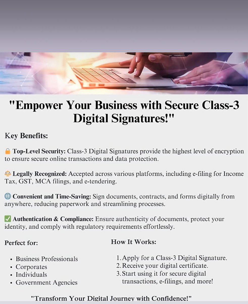 osbsaccsol's tweet image. Secure Your Business with Class-3 Digital Signatures!

OSBS Accounting Solutions Pvt Ltd offers:
#DigitalSignature #Class3DSC #OSBSAccounting #AndheriMumbai #DigitalSecurity #Efiling #MCACompliance #GSTIndia #OnlineVerification #BusinessSolutions #SecureTransactions
