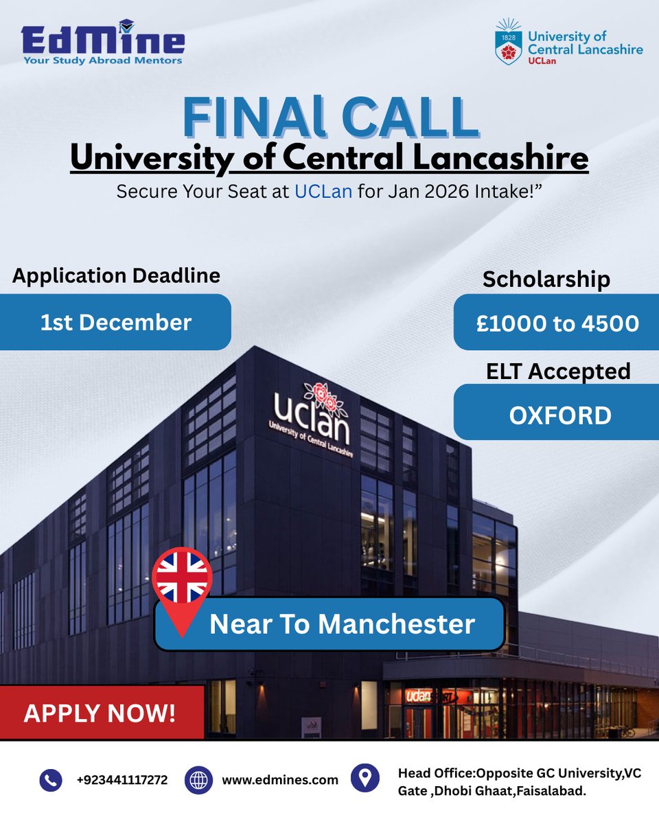 edmine_official's tweet photo. Secure your future at UCLan โ Jan 2026 Intake Open! ๐#EdMine #StudyAbroad #UCLan #UCLan2026 #UCLanInternational
#StudyInUK https://t.co/AxM7lVlrjb