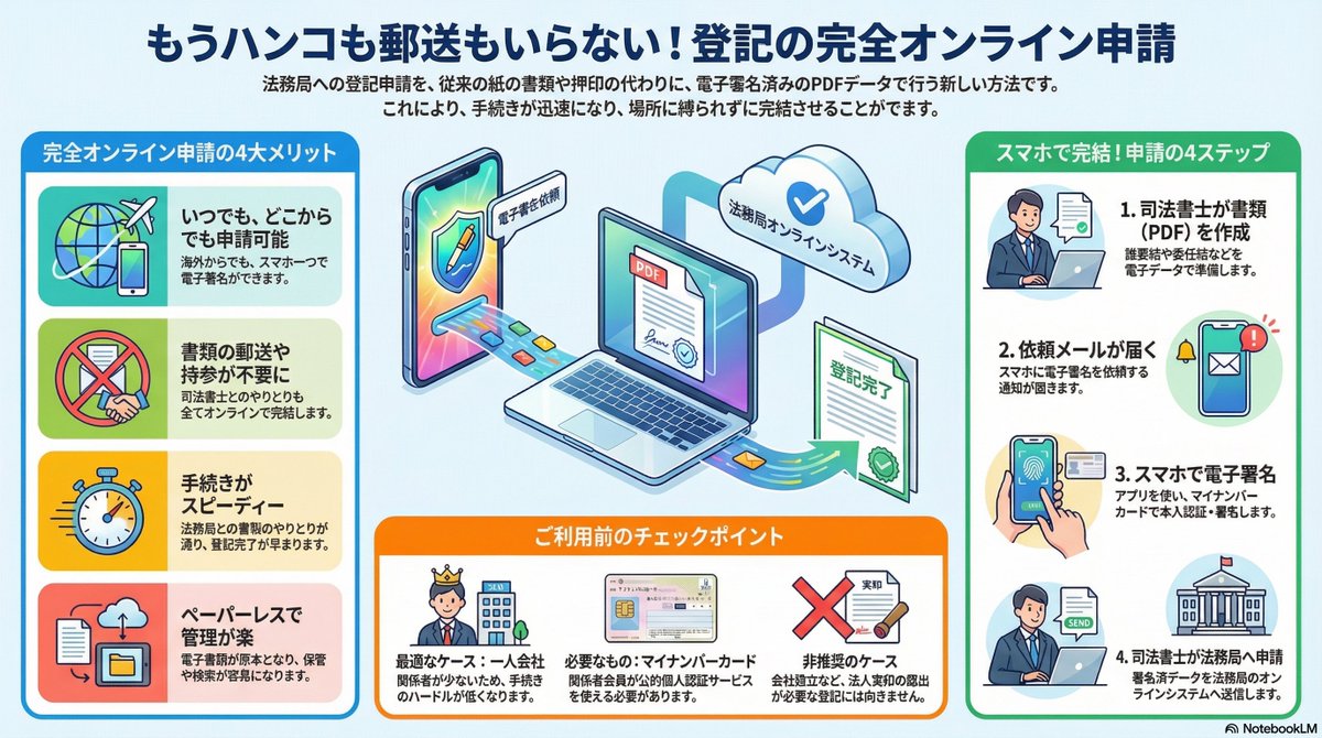 ishimoto_legal's tweet image. 自分のブログ記事をNotebookLMに食べさせてみたシリーズ

弊所でも利用回数が増えている完全オンライン申請について、1枚のイラストにまとめてもらうとこんな感じ。

お客様に見てもらうには、ちょっとだけ文字化けが気になるけど、ブログ記事を読んでもらうより圧倒的に分かりやすい！

#NotebookLM