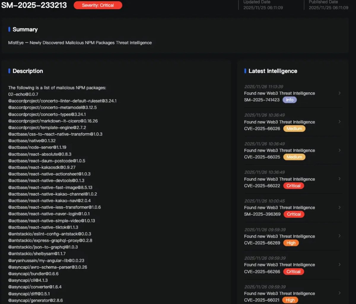 SlowMist_Team's tweet image. 🚨SlowMist TI Alert: #NPM Supply-Chain Poisoning Analysis — Reconstructing the Shai-Hulud Attack🚨 

1️⃣The NPM ecosystem has suffered another large-scale package poisoning attack, closely tied to the Shai-Hulud incident (Sept 2025). This new wave embedded malicious payloads…