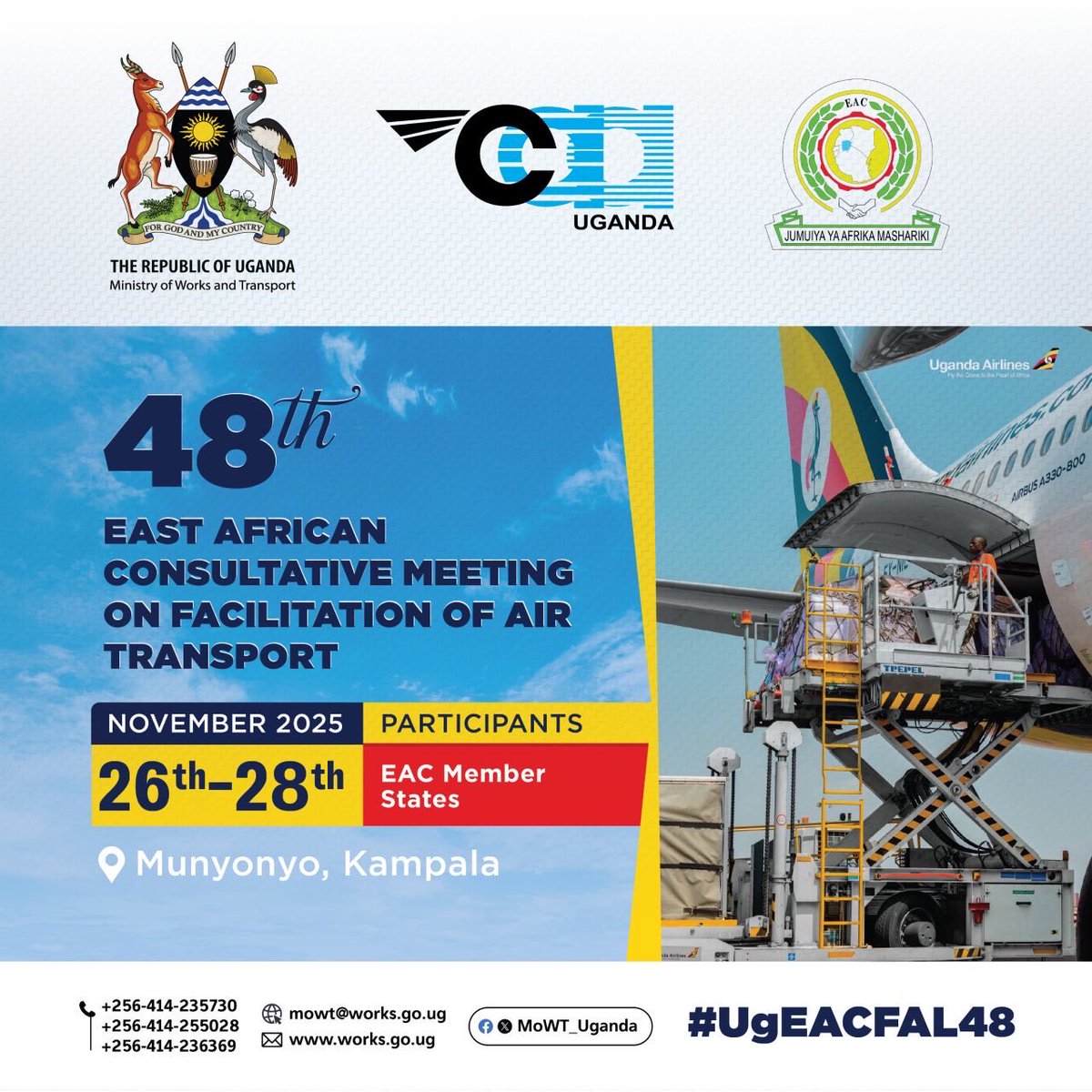 Follow the proceedings of the 48th East African Consultative Meeting on Facilitation of Air Transport, taking place from 26–28 November 2025 in Munyonyo, Kampala.

Participants: EAC Member States.

Watch updates via the Ministry of Works and Transport ➡️ x.com/mowt_uganda/st…