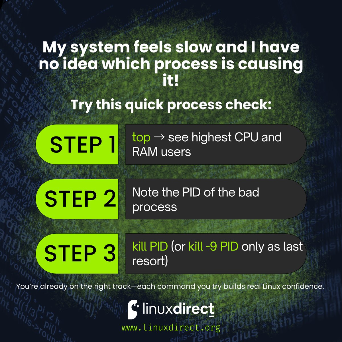 LinuxDirect_'s tweet image. 🌍 OFFICIAL WEBSITE: linuxdirect.org

😫 My system feels slow, and I don’t know which process is causing it!

1️⃣ Run top
2️⃣ Find the highest CPU/RAM process
3️⃣ kill PID (use -9 only if absolutely necessary)

#LinuxDirect #LinuxTips #LinuxForBeginners #ProcessManagement