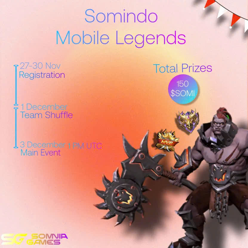 Somindo! Somnia Indonesia is hosting a Mobile Legends Tournament!

3 main phases:

1️⃣ Registration (27–30 Nov) — LIVE NOW
Form: forms.gle/2kgrBpK2UZgULL…

2️⃣ Team Shuffle — 1 Dec, 1:00 PM UTC (Live on Somnia Stage)

3️⃣ Main Event — 3 Dec, 1:00 PM UTC
Stream: discord.gg/somnia?event=1…