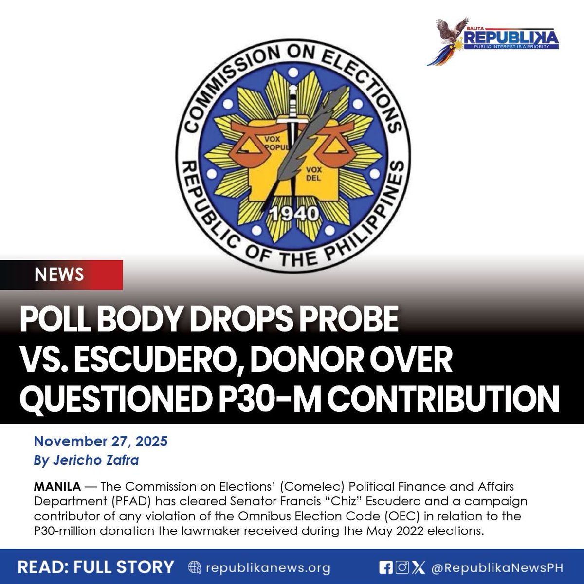 RepublikaNewsPH's tweet image. In a nine-page resolution promulgated on Nov. 26, the PFAD terminated its investigation into Escudero and Lawrence Lubiano, president of Centerways Construction and Development Inc. #Comelec #ChizEscudero 

READ: republikanews.org/2025/11/27/pol…