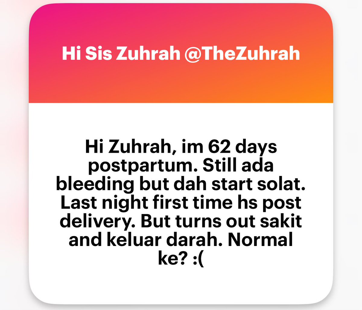 zuhrahx's tweet image. 62days post-partum sex

Sakit sikit tu normal. Kalau sakit teruk tak normal.
Berdarah tu I can’t answer sebab tak tahu darah banyak mana &amp;amp; dari mana.
But, please pergi klinik untuk pastikan everything is okay.

#SexEd #PostPartum