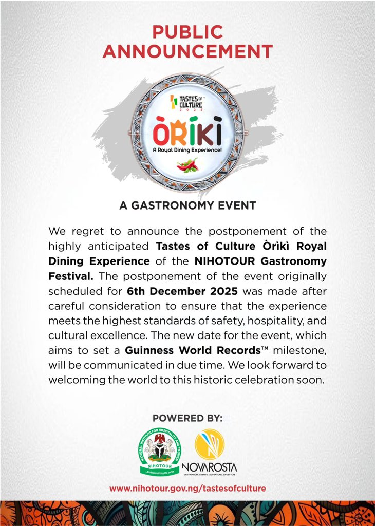Important Update: The Tastes of Culture Òrìkì Royal Dining Experience has been postponed. A new date will be announced soon as preparations continue toward an unforgettable, world-record-setting celebration.