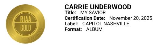 CountryMer11's tweet image. That plaque wasn’t even a month old when it became outdated 😂. They have to add My Savior 

Congratulations, @carrieunderwood, on another RIAA gold certification!