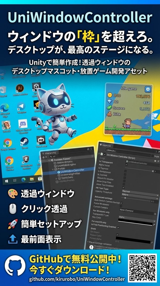 kirurobo's tweet image. Nano Banana Pro に UniWindowController github.com/kirurobo/UniWi… のポスターを依頼してみた。

Inspectorのスクリーンショットと、URLは渡したものが使われた。
HierarchyやWindowsの画面は生成されたもの。
QRコードは読み取れないものが生成されたので差し替えた。