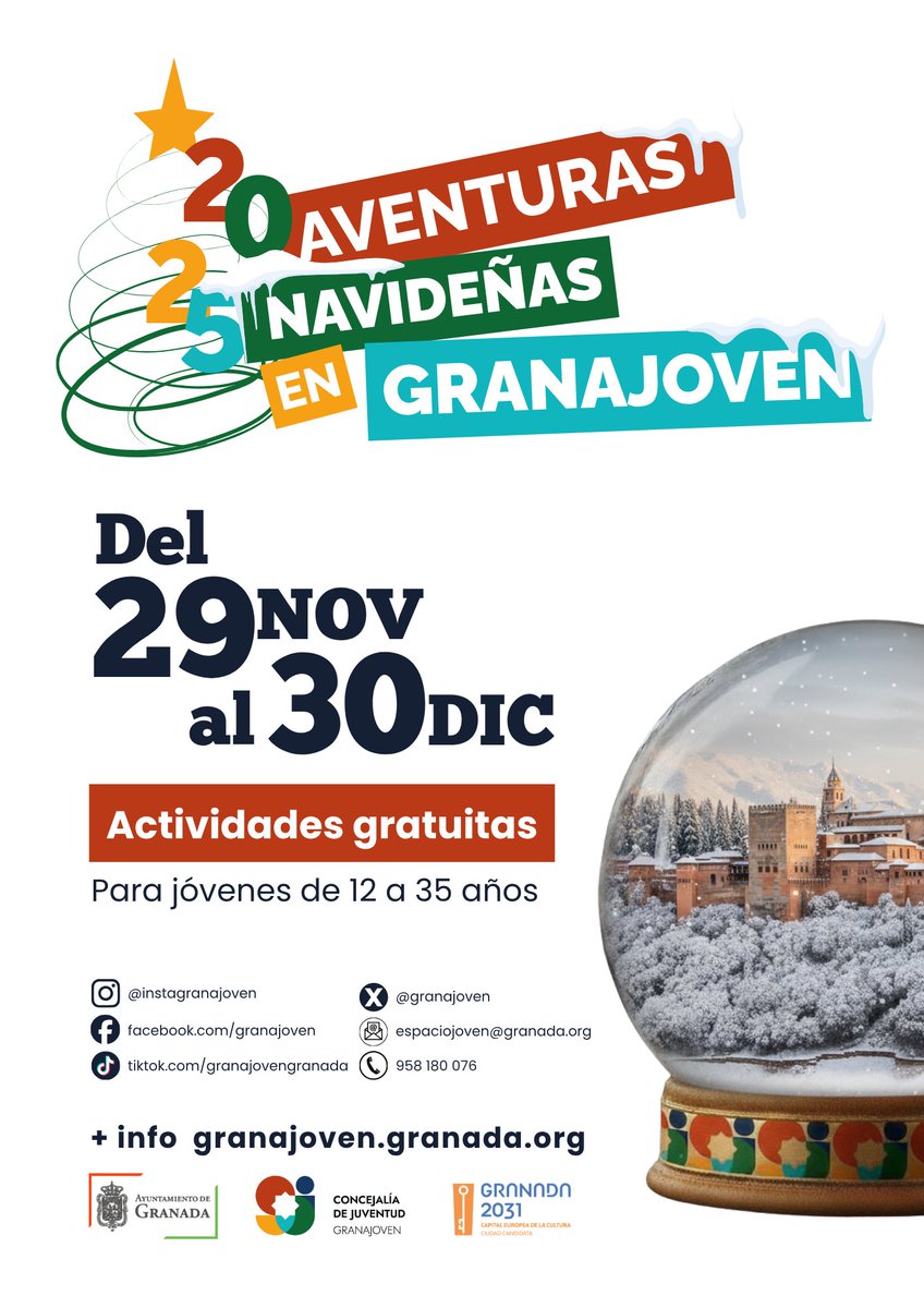 Desde el 29 de noviembre hasta el 30 de diciembre te ofrecemos muchas pero que muchas actividades, para todos los gustos, gratuitas y seguro que divertidas y aventureras...+ info en web ¡Aventuras Navideñas con Granajoven!!

<a href="/aytogr/">Ayuntamiento de Granada</a> <a href="/2031granada/">2031 Granada</a> #navidadgranajoven  #granajoven