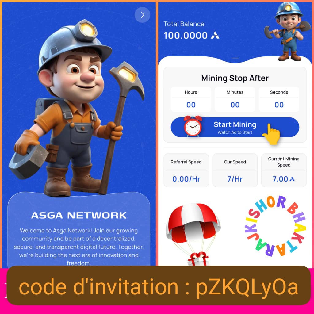 ASGA_NETWORK's tweet image. SUPER PROJECT 2025 🚀
💫 ASGA NETWORK 💫
🔹 Get 100 $ASGA free
🔹 Base mining rate: 7.00 A/h
🔹 Referral bonus: +0.25 A/h per friend

👉 Download &amp;amp; register:
play.google.com/store/apps/det…

🎁Invite code: pZKQLyOa

Site web ⤵️ 
asganetwork.in