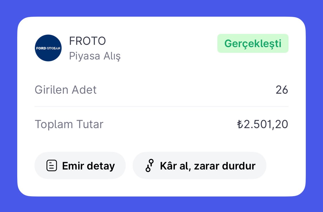 📝 Yatırım günlüğü - 27 Kasım 2025

✅ Alımlar: 
🚙 #FROTO 26 Adet
________________________
🇹🇷 Güncel BİST portföyüm: 

🏦 #ISMEN 932 Adet
🚙 #FROTO 26 Adet 
📊 #GSP Fonu 505.441 Pay