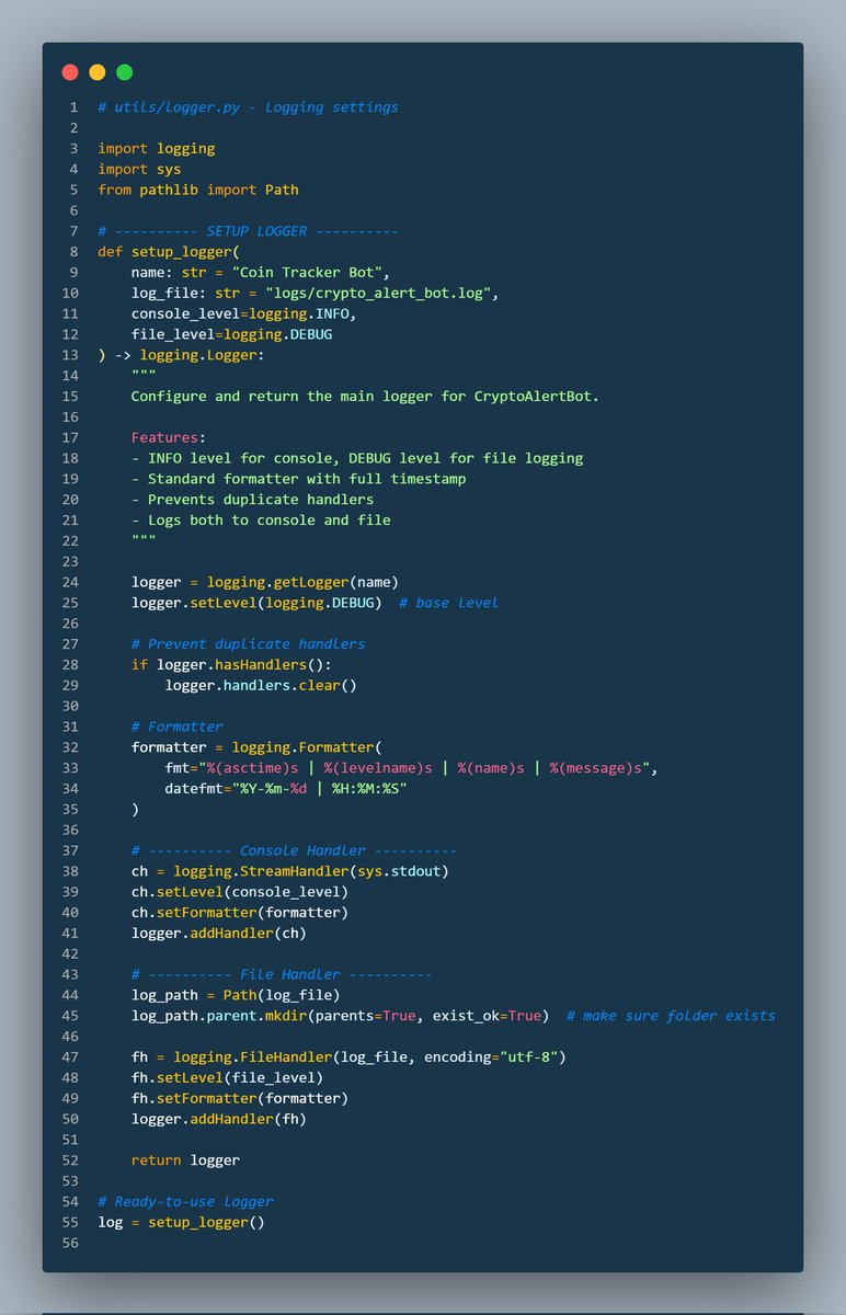 Shahrouzlogs's tweet image. 🧵 Tweet #Thread:

1️⃣ Learning how #Python logging actually works.
I finally built a clean logger module for my bot and understood every part of it.
Here’s the file structure and setup I’m working with. 📂 #Logging 1/7