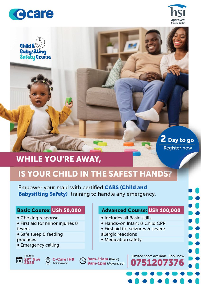 C_Care_HSI_Ug's tweet photo. 2 DAYS TO GO – CABS TRAINING
Registration is still ongoing.
Learn essential skills. Build confidence. Be prepared.
Register here:
https://t.co/wzrOfGTQQc
For registration support: 0751207376
#HSIUganda #CABS #ChildSafetyTraining #BabysittingCourse #EmergencySkills https://t.co/OUFaJssjCv