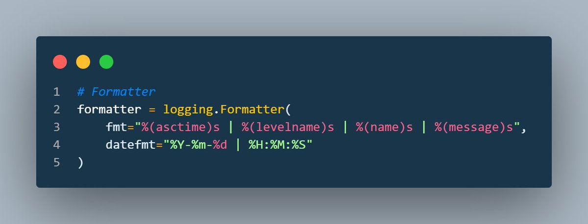 Shahrouzlogs's tweet image. 4️⃣ Next: the formatter.

⏱ Timestamp + level + module + message.
Makes logs readable for async code or production issues.

Formatter → logging.Formatter(fmt=..., datefmt=...)  4/7
#Python #Logging