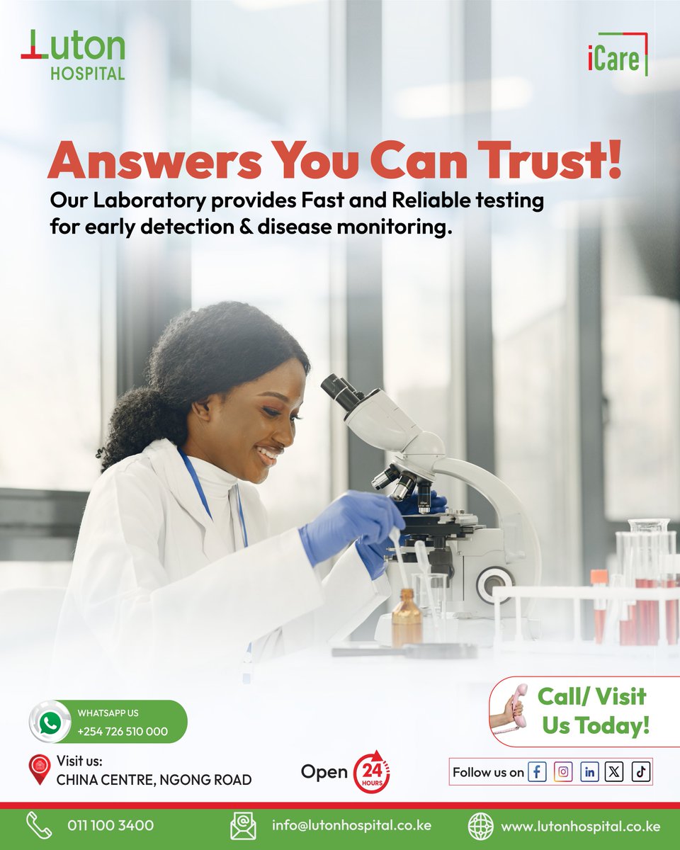 LutonHospital's tweet image. Fast. Accurate. Reliable.
Get trusted lab results at Luton Hospital Laboratory — available 24/7 for quick testing &amp;amp; early diagnosis.
📍 China Centre, 
📞 0111003400 | WhatsApp 0726510000
🔗 lutonhospital.co.ke/book-appointme…

#LutonHospital #LaboratoryServices #AccurateResults #iCare