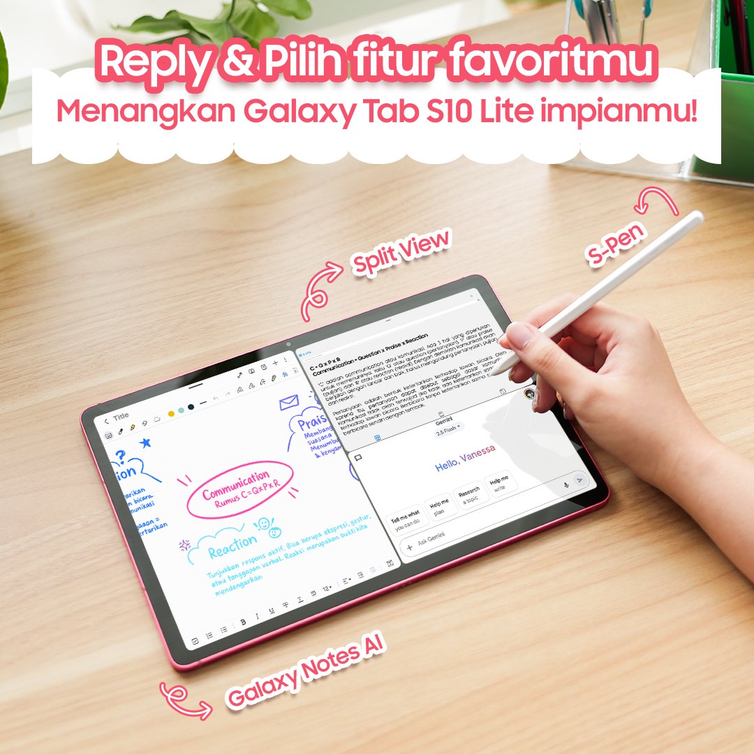 samsungID's tweet image. Reply &amp;amp; Win 1 unit Galaxy Tab S10 Lite🎁✨

Caranya gampang!

1️⃣Follow @samsungID 
2️⃣Reply, retweet &amp;amp; like sebanyak-banyak fitur bestie &amp;amp; favoritmu di Galaxy Tab S10 Lite
3️⃣Gunakan hashtag #GalaxyTabS10Lite #DariNewbieJadiAhli #YourTabAIBestie

Periode sampai 14 Desember, yuk…