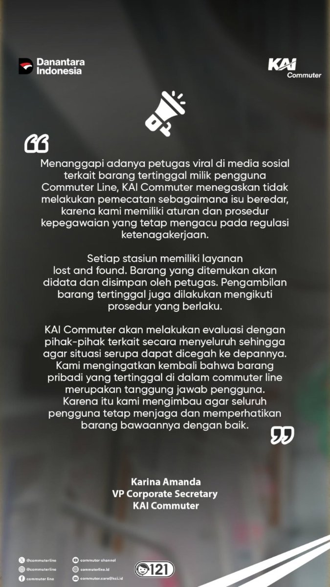 CommuterLine's tweet image. #RekanCommuters Menanggapi adanya petugas viral di media sosial terkait barang tertinggal milik pengguna Commuter Line, KAI Commuter menegaskan tidak melakukan pemecatan sebagaimana isu beredar, karena kami memiliki aturan dan prosedur kepegawaian yang tetap mengacu pada regulasi…