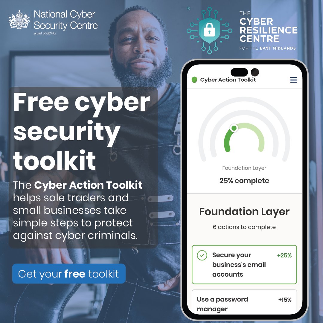 EastMidlandsCRC's tweet photo. Small business owners are busier than ever, therefore #CyberSecurity needs to be simple.

That’s why the @NCSC have created the #CyberActionToolkit:

✔️ Free &amp; personalised
✔️ Step-by-step actions
✔️ Made for small businesses &amp; sole traders

▶️https://t.co/oWYs2OXSIV https://t.co/7xLUafseIV