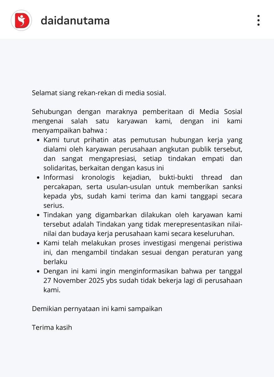 Pengumuman pemberhentian kerja PT Daidan Utama Pialang Asuransi terhadap karyawannya yg patut diduga Anita Dewi Tumbler, terkait huru hara kehilangan tumbler tuku yg mungkin baru sanggup dia beli setelah nabung 2 tahun.

Mungkin juga pesangonnya tumbler tuku.