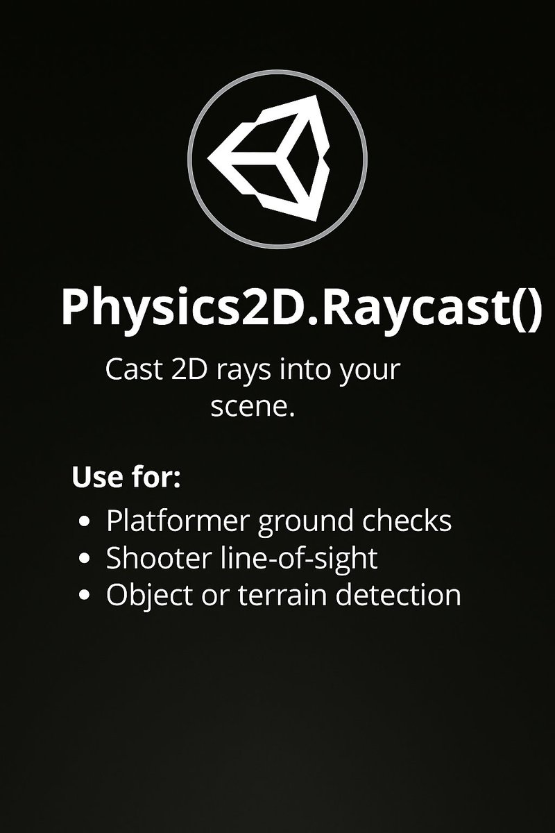 ✅ Today’s Unity tip 👉 Physics2D.Raycast()

Physics2D.Raycast() shoots a ray in 2D space to detect objects along a direction.
Perfect for platformers, 2D shooters, and line-based detection systems.

Use for:
✔ Ground checks in platformers
✔ 2D shooting &amp; aiming
✔ Detecting
