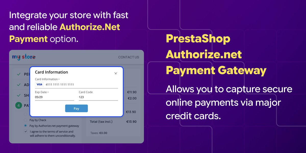 webkul's tweet image. Integrate Authorize.net with the PrestaShop store to accept online payments conveniently.
🔹Key Features:
✅Accept payments through credit cards.
✅Product subscription via .
✅Quickly process refunds.
store.webkul.com/prestashop-aut…