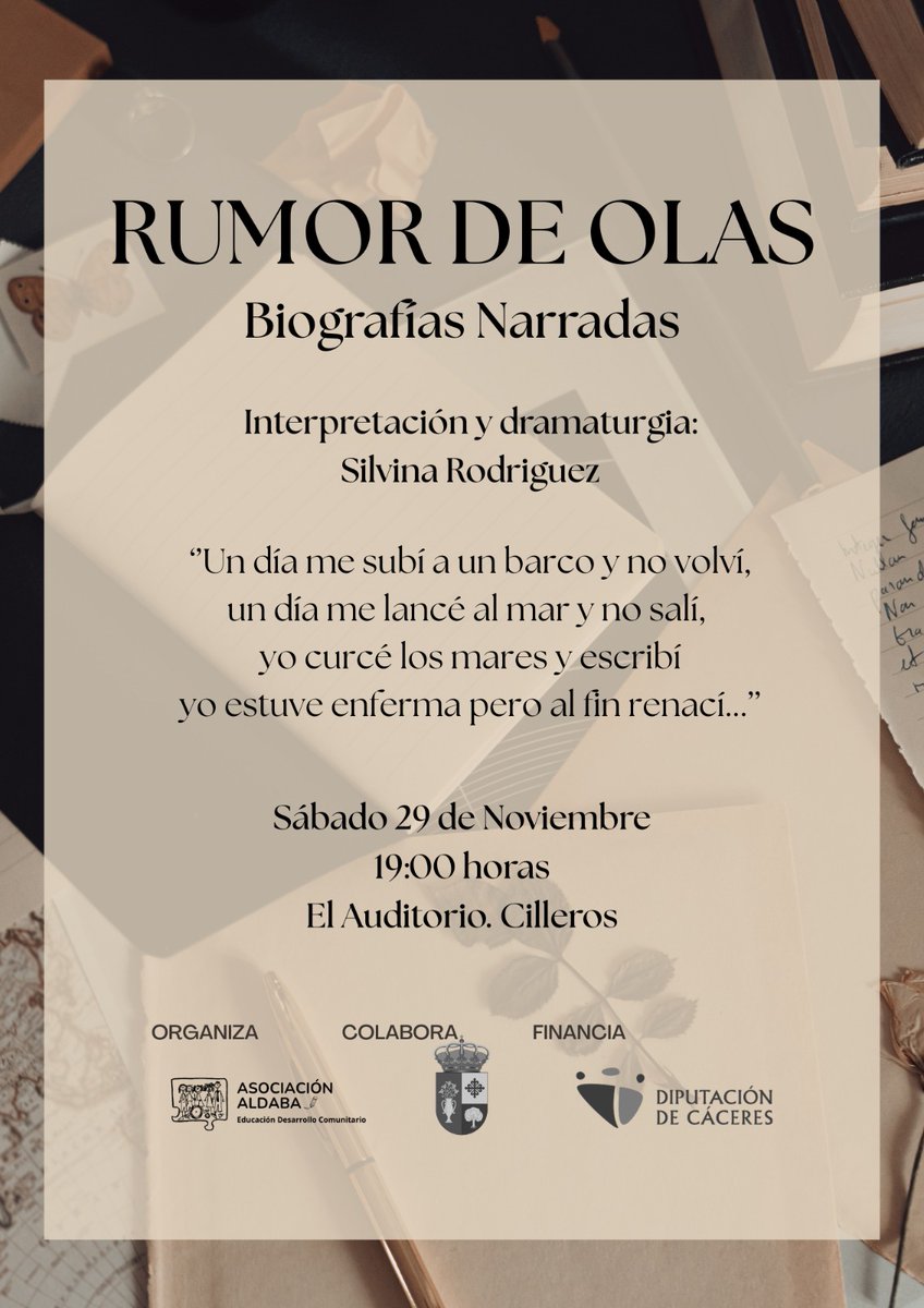🌊 Rumor de Olas llega a Cilleros con Silvina Rodríguez: una obra íntima y poética sobre renacer tras la tormenta.
📅 29 nov · 🕖 19h · 📍 Auditorio de Cilleros
🎭 Proyecto Semillas de Igualdad en Sierra de Gata · Entrada libre