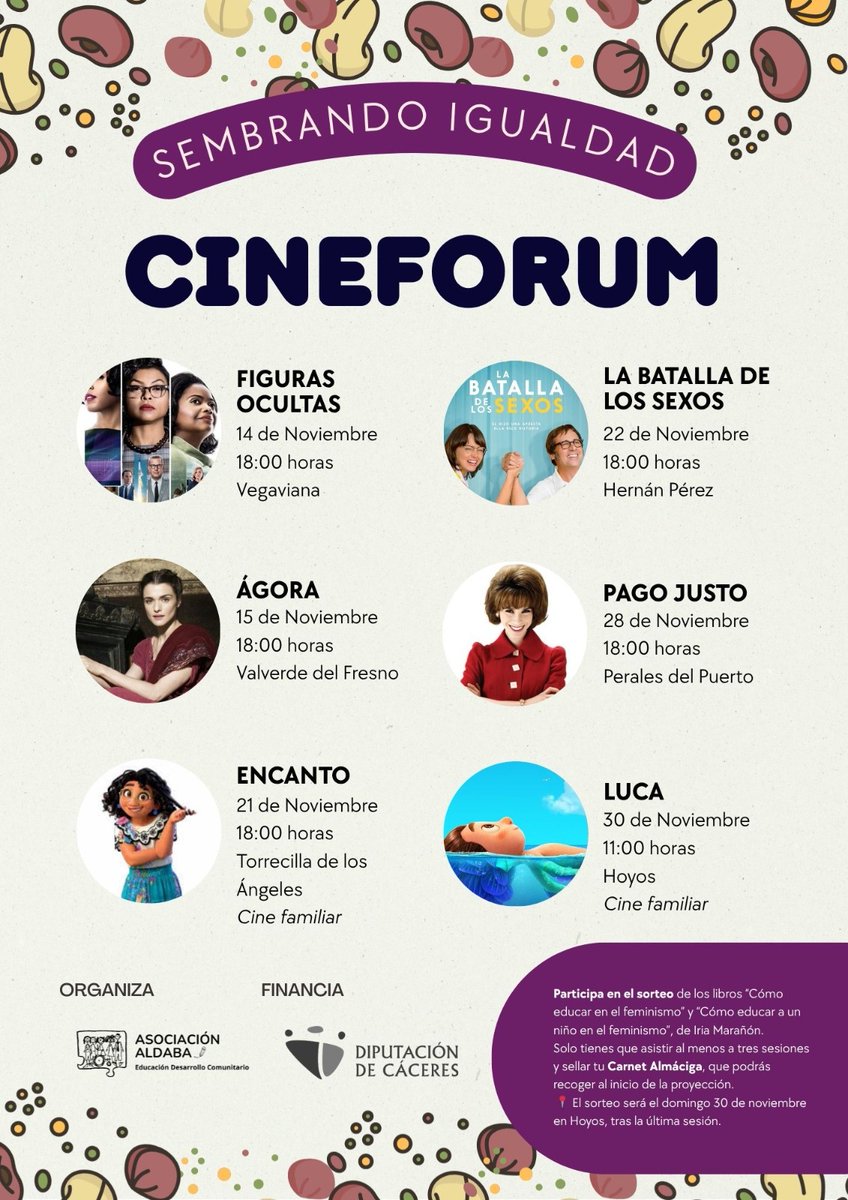 🎬 Cinefórum Sembrando Igualdad llega a Sierra de Gata 🌱
📍 28 nov – Perales del Puerto · Pago justo
📍 30 nov – Hoyos · Luca 👨‍👩‍👧‍👦
💜 Cine, reflexión y sorteo de libros feministas.
🎟 Entrada libre · Todas las edades