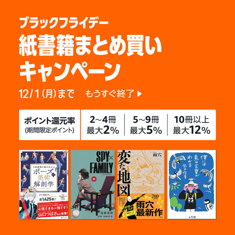 もうすぐ終了】 最大12％還元 紙書籍ブラックフライデーまとめ買い