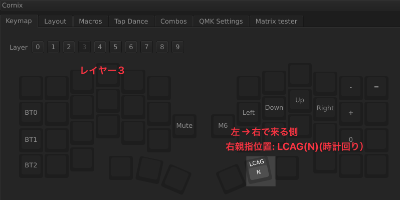 mh_mobiler's tweet photo. 親指2キーで、ロータリエンコーダーの右回し/左回しをレイヤーで再現するTipsです。
左親指を押すとレイヤー3、右親指を押すとレイヤー5へ遷移し、対になる動作を同じ位置に置くことで、押す順番で時計回り/反時計回りを表現できます。
#Cornix #CornixTips #CornixTips4 https://t.co/YjSvaeS5Y1