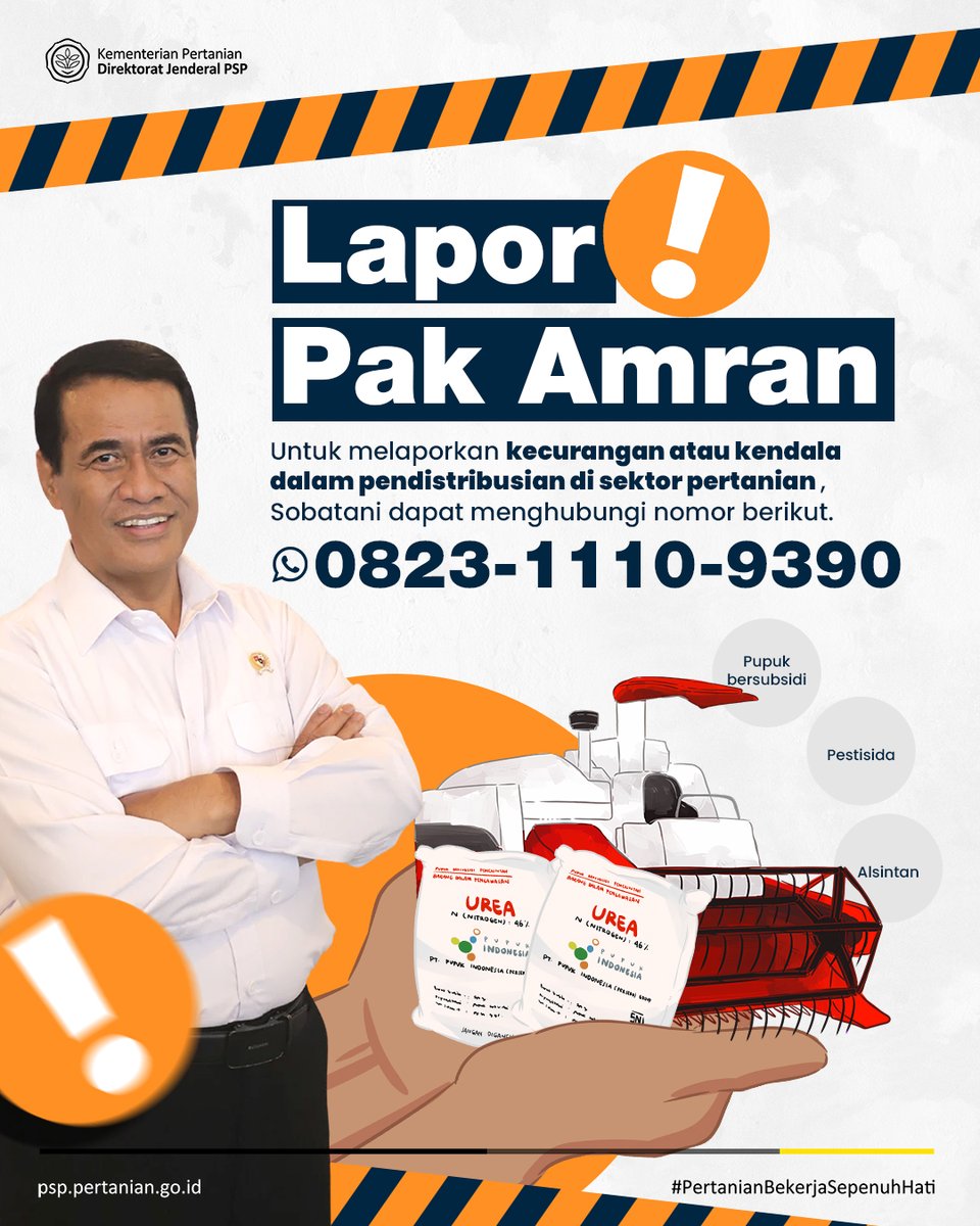 Sobatani, yuk jaga bersama tujuan kita, swasembada pangan! Kalau ada kecurangan atau kendala yang menghambat distribusi pupuk, pestisida, atau alsintan, segera laporkan ya. Satu laporanmu bisa bantu percepat perbaikan di lapangan. #LaporPakAmran #PetaniHebat #SwasembadaPangan