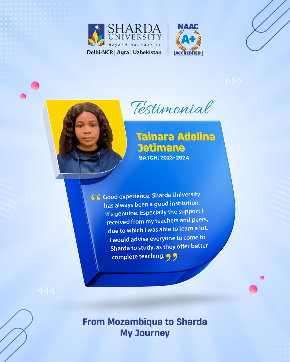shardauni_int's tweet image. “#𝑆ℎ𝑎𝑟𝑑𝑎𝑈𝑛𝑖𝑣𝑒𝑟𝑠𝑖𝑡𝑦 ℎ𝑎𝑠 𝑎𝑙𝑤𝑎𝑦𝑠 𝑏𝑒𝑒𝑛 𝑎 𝑔𝑜𝑜𝑑 𝑖𝑛𝑠𝑡𝑖𝑡𝑢𝑡𝑖𝑜𝑛.” — 𝐓𝐚𝐢𝐧𝐚𝐫𝐚 𝐉𝐞𝐭𝐢𝐦𝐚𝐧𝐞, a graduate from #𝐌𝐨𝐳𝐚𝐦𝐛𝐢𝐪𝐮𝐞 reflects her journey. Let&apos;s see her insights. 

#studentexperience #review #shardauniversityinternational