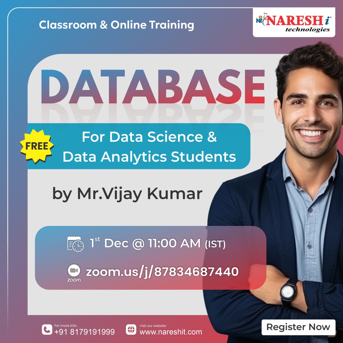 nareshitech's tweet image. 📊🔍 Want to start your journey in Data Science or Data Analytics?

👉 Register Now: t.ly/DATABASE-1D

🎓By : Mr. Vijay Kumar
📅 Date: 1st December 2025⏰ Time: 11:00 AM (IST)

#DatabaseTraining #FreeTraining #DataAnalytics #GenerativeAI #AgenticAI #AI #Machinelearning