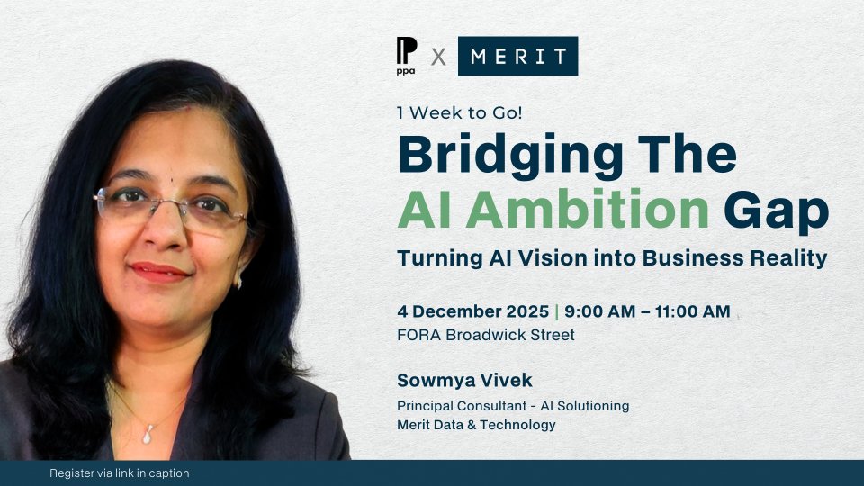 Meritdatatech's tweet image. Only 1 week to go until the @PPA_Live Breakfast Briefing! We’re looking forward to having our Principal Consultant for AI Solutioning, Sowmya Vivek, lead a session on closing the #AI ambition gap &amp;amp; turning early ideas into real impact.
Register here: ppa.co.uk/events/bridgin…