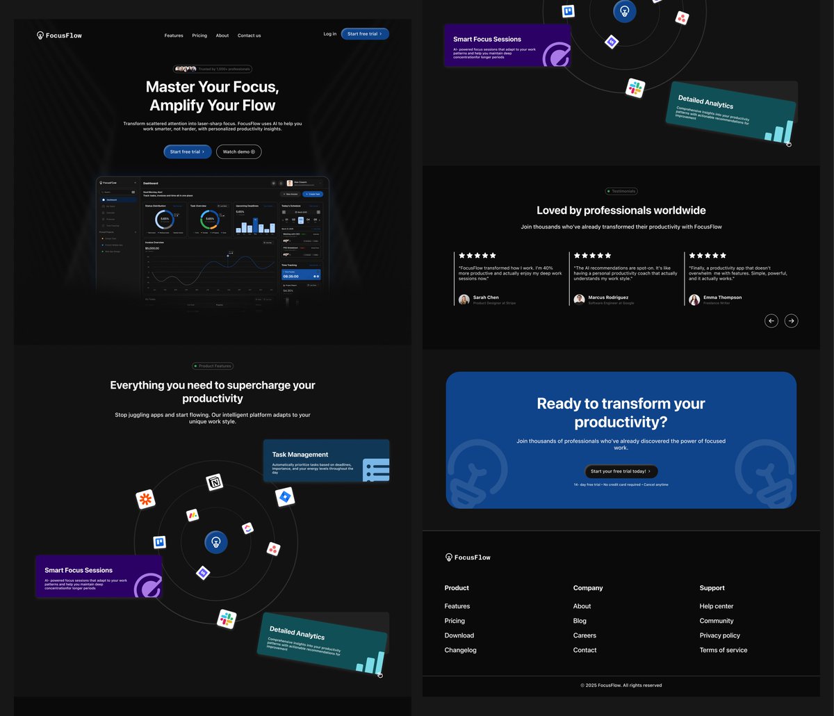 _nanasommy_'s tweet image. A landing page I designed for Focus Flow — A productivity app

Which looks better; Light mode or Dark mode?