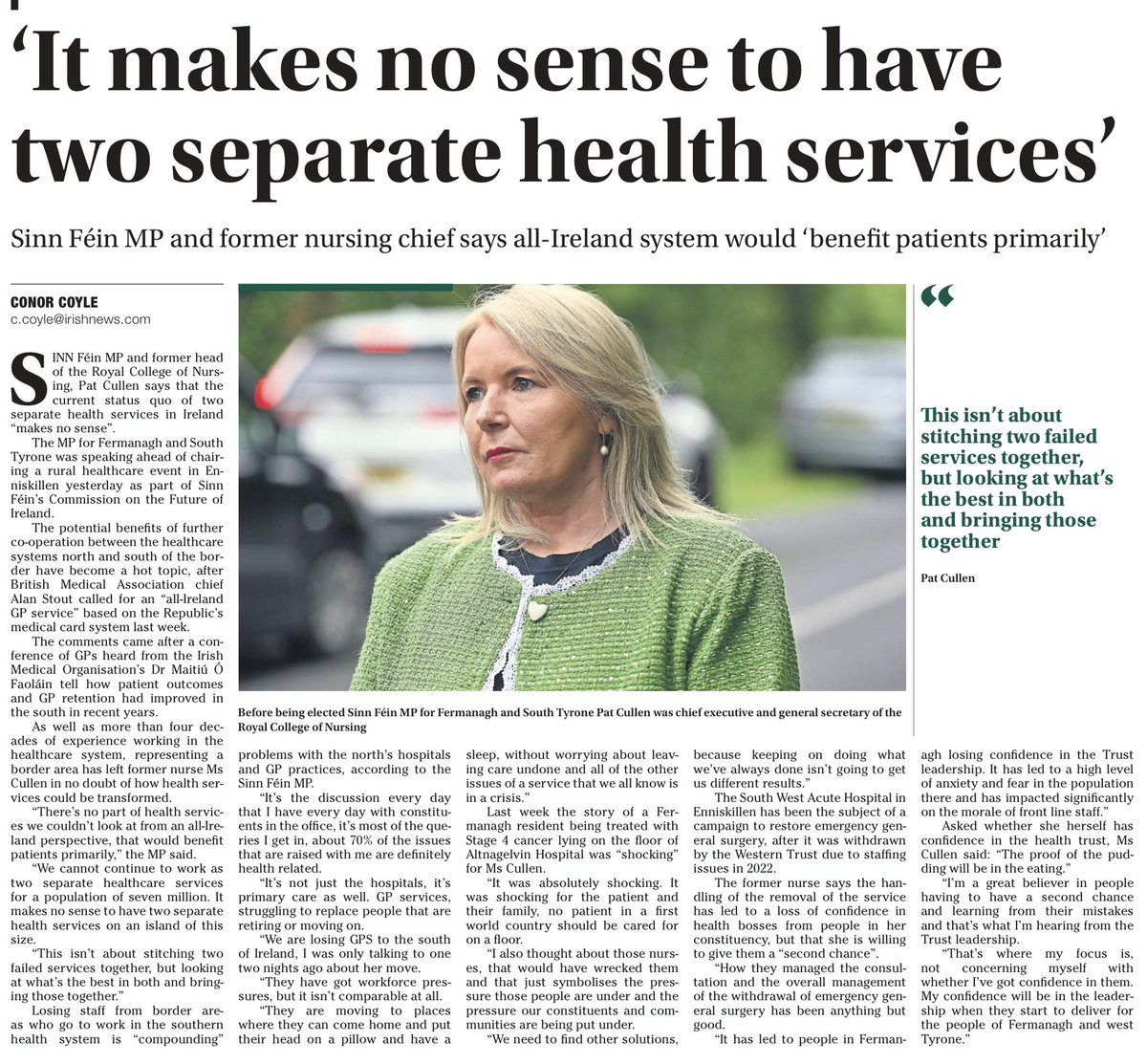murchadhfinn's tweet image. “It makes no sense to have two separate health services on an island of this size.”
~Pat Cullen @patcullen9 

The Irish News

☕️🥐