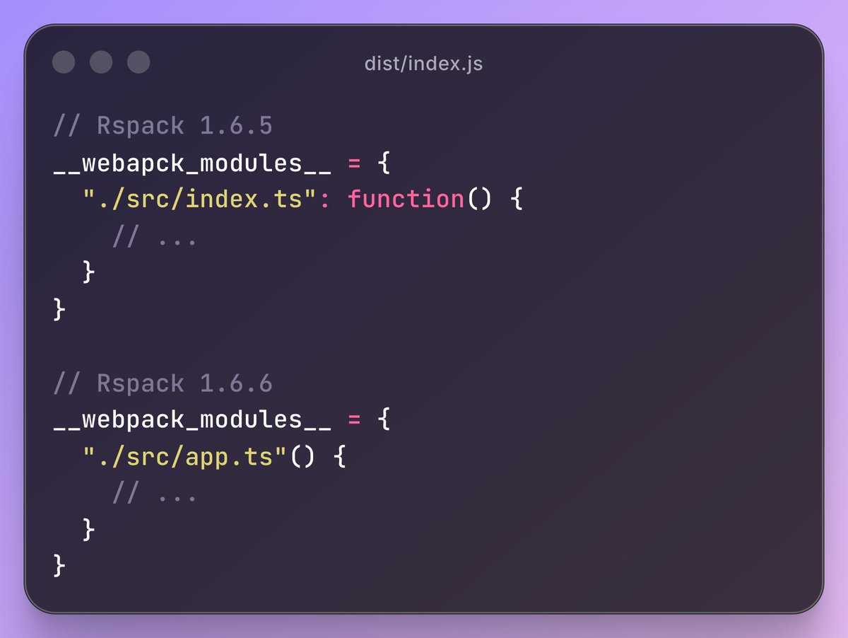 rspack_dev's tweet image. In the next release, Rspack will generate a more compact module factory format that trims the wrapper function. 

Benchmarks show this reduces bundle size by about 1% before gzip, though the effect after gzip is minimal. 😉