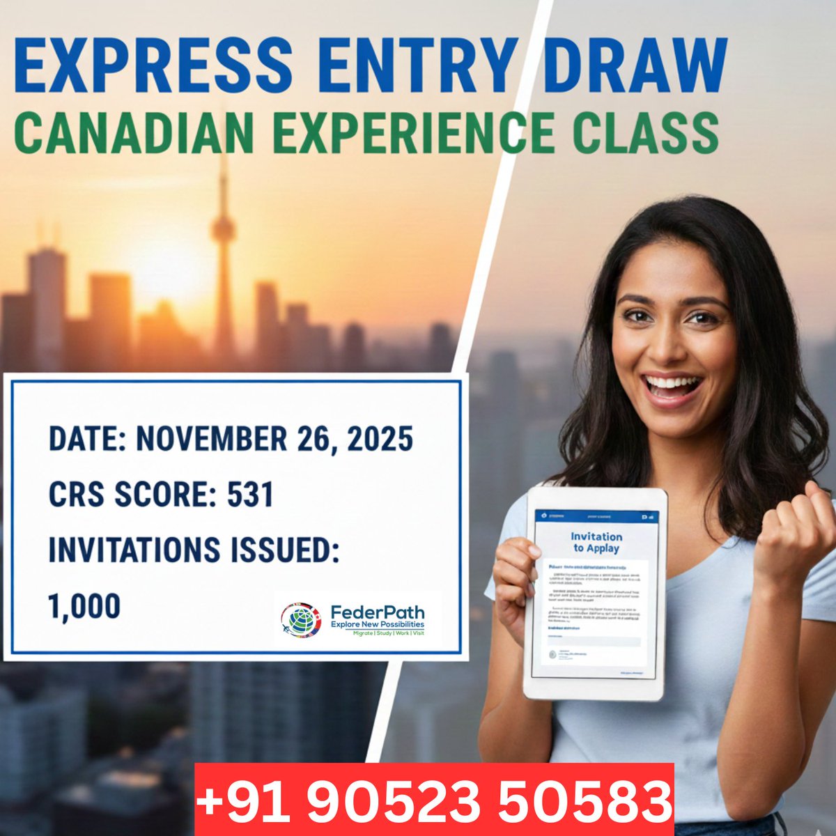 FederPath's tweet image. 🇨🇦 CEC Express Entry Draw Update! 🇨🇦 On Nov 26, 2025, 1,000 #CanadianExperienceClass candidates with a CRS score of 531 received ITAs.
Are you building your Canadian experience? This could be you next! Prepare your profile! #ExpressEntryDraw #CRSscore #StudyInCanada #MoveToCanada